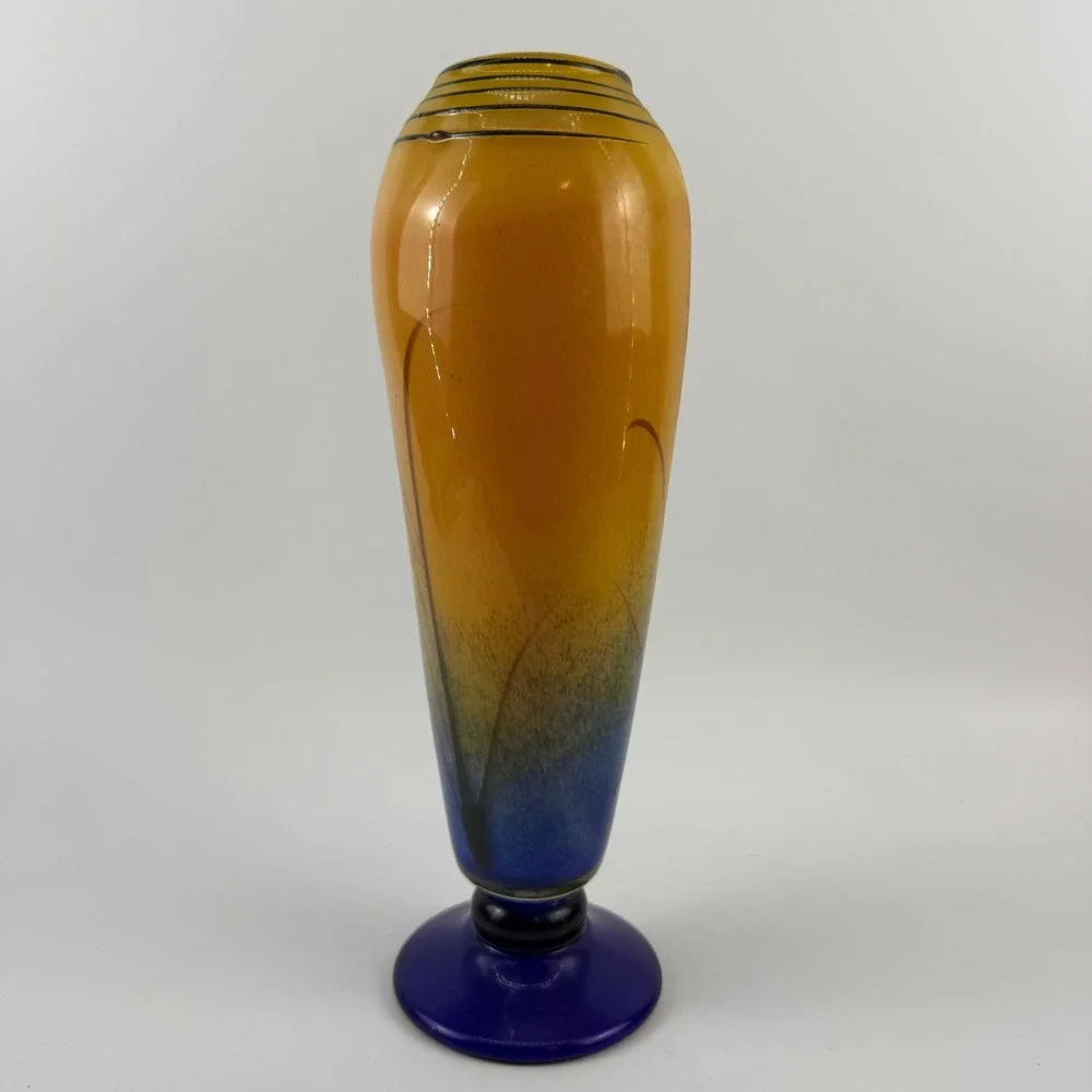 Art Glass Vase Amber Blue Cattail Reed Motif Pedestal Vase